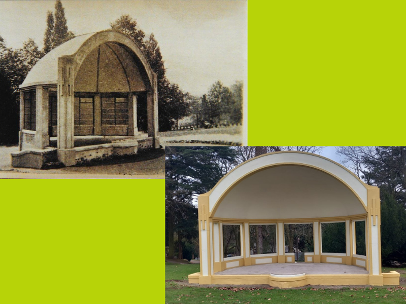 old grainy sepia image of bandstand alongside current renovated one