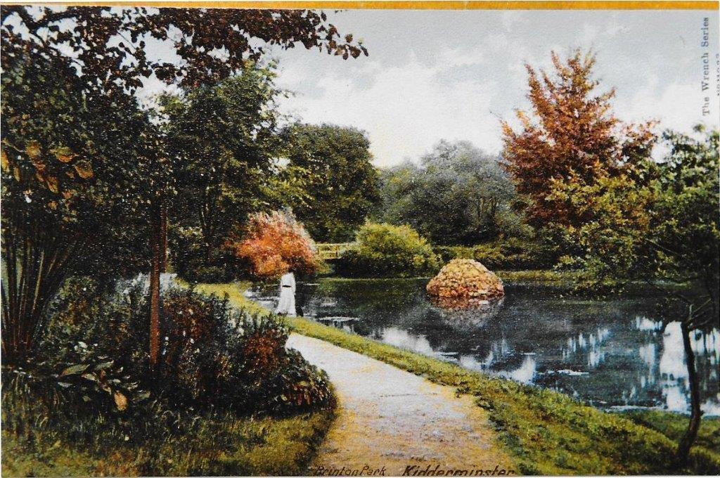 old colour postcard of pond in park